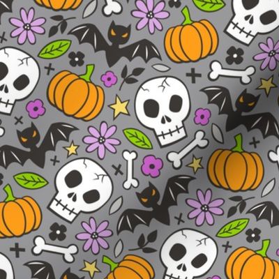 Skulls,Flowers,Pumpkins and Bats Halloween Fall Doodle on Dark Grey