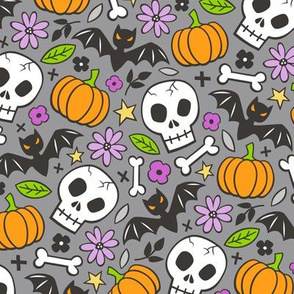 Skulls,Flowers,Pumpkins and Bats Halloween Fall Doodle on Dark Grey