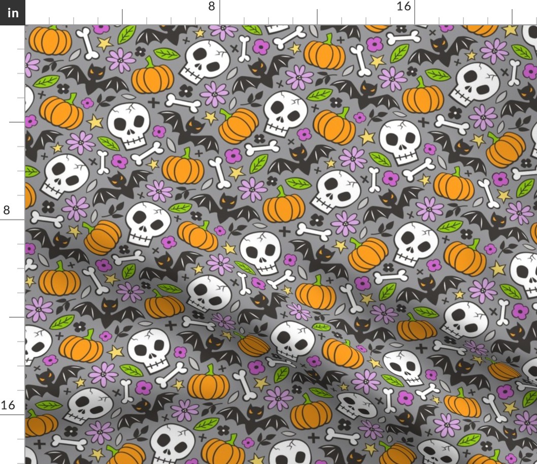 Skulls,Flowers,Pumpkins and Bats Halloween Fall Doodle on Dark Grey