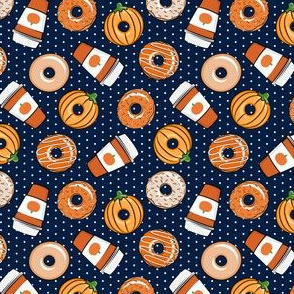 (small scale)  Coffee and Fall Donuts - PSL pumpkin fall donuts toss - navy polka dots - LAD19