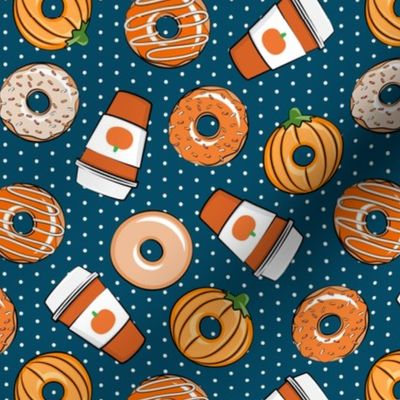 Coffee and Fall Donuts - PSL pumpkin fall donuts toss - blue polka dots - LAD19