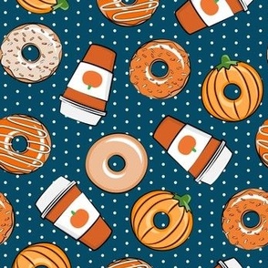 Coffee and Fall Donuts - PSL pumpkin fall donuts toss - blue polka dots - LAD19