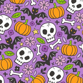 Skulls,Flowers,Pumpkins and Bats Halloween Fall Doodle on Purple