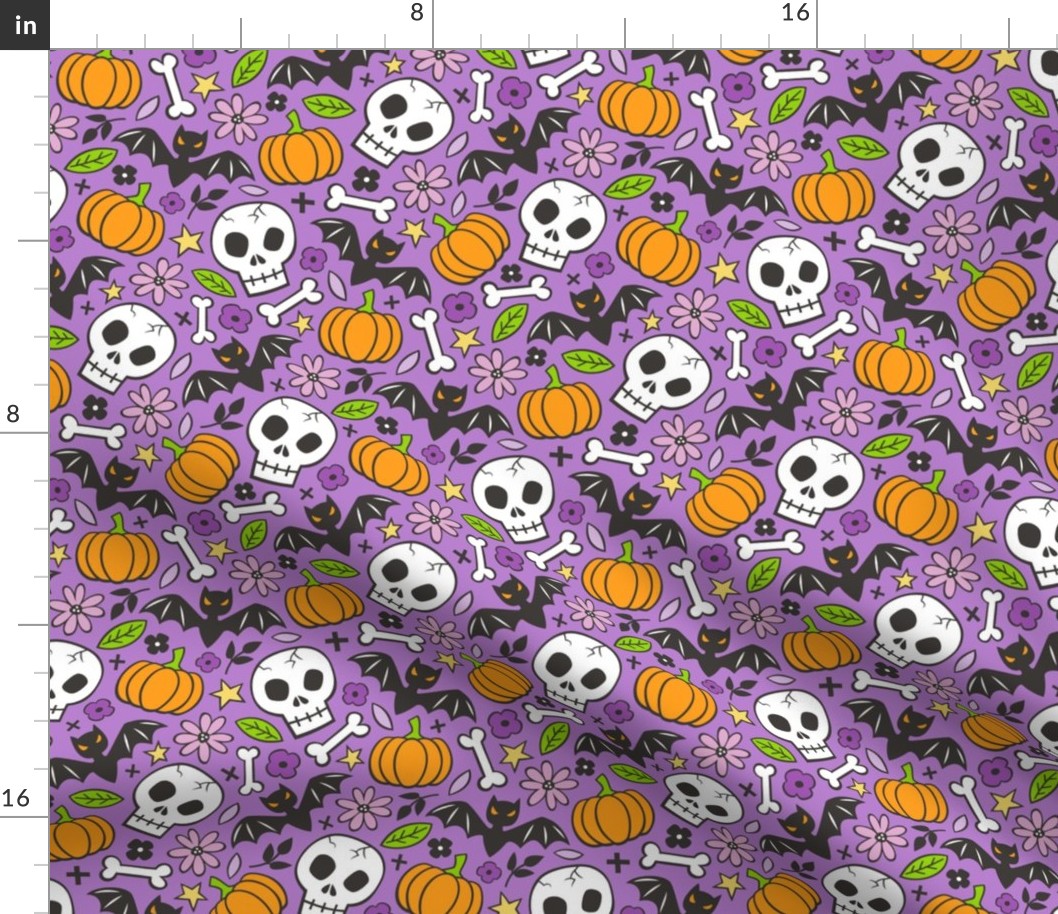 Skulls,Flowers,Pumpkins and Bats Halloween Fall Doodle on Purple