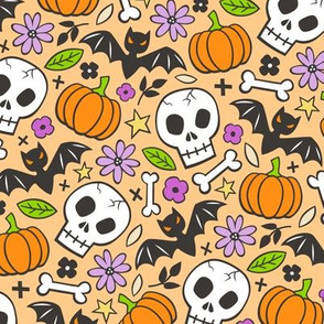 Skulls,Flowers,Pumpkins and Bats Halloween Fall Doodle on Orange