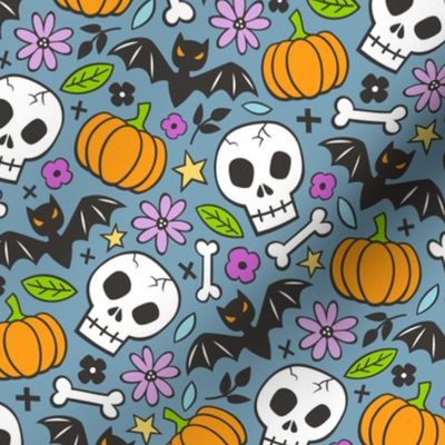 Skulls,Flowers,Pumpkins and Bats Halloween Fall Doodle on Dark Blue Navy