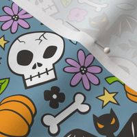 Skulls,Flowers,Pumpkins and Bats Halloween Fall Doodle on Dark Blue Navy