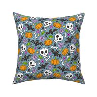 Skulls,Flowers,Pumpkins and Bats Halloween Fall Doodle on Dark Blue Navy