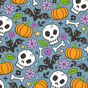 Skulls,Flowers,Pumpkins and Bats Halloween Fall Doodle on Dark Blue Navy