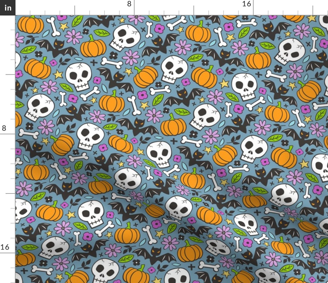 Skulls,Flowers,Pumpkins and Bats Halloween Fall Doodle on Dark Blue Navy