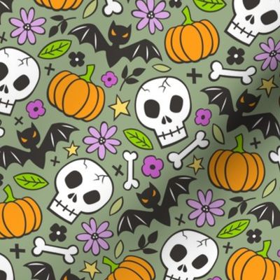 Skulls,Flowers,Pumpkins and Bats Halloween Fall Doodle on Olive Green