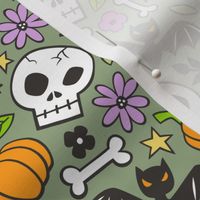 Skulls,Flowers,Pumpkins and Bats Halloween Fall Doodle on Olive Green