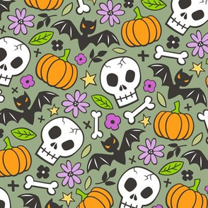 Skulls,Flowers,Pumpkins and Bats Halloween Fall Doodle on Olive Green