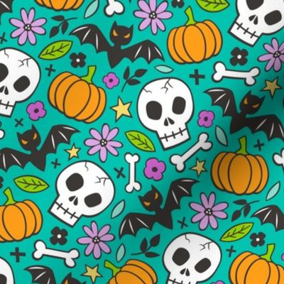 Skulls,Flowers,Pumpkins and Bats Halloween Fall Doodle on Dark Green