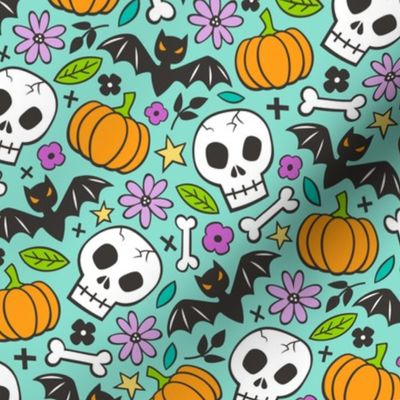 Skulls,Flowers,Pumpkins and Bats Halloween Fall Doodle on Mint Green