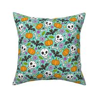 Skulls,Flowers,Pumpkins and Bats Halloween Fall Doodle on Mint Green