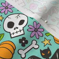 Skulls,Flowers,Pumpkins and Bats Halloween Fall Doodle on Mint Green