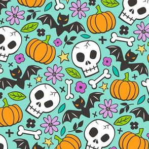 Skulls,Flowers,Pumpkins and Bats Halloween Fall Doodle on Mint Green