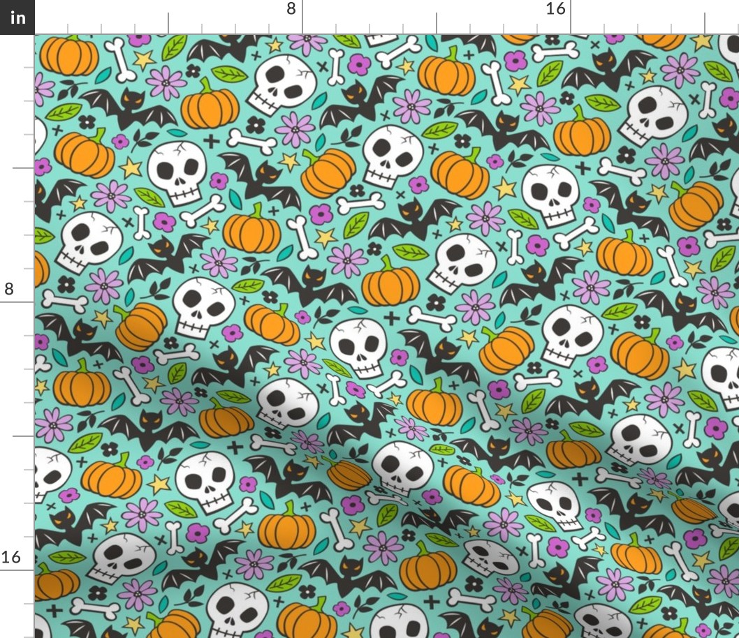 Skulls,Flowers,Pumpkins and Bats Halloween Fall Doodle on Mint Green