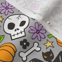 Skulls,Flowers,Pumpkins and Bats Halloween Fall Doodle on Grey