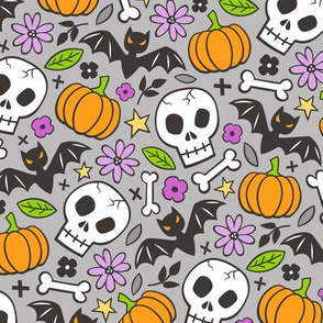 Skulls,Flowers,Pumpkins and Bats Halloween Fall Doodle on Grey