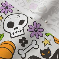 Skulls,Flowers,Pumpkins and Bats Halloween Fall Doodle on Cloud Grey