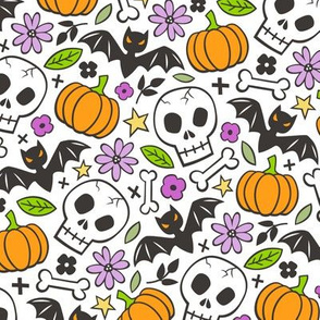 Skulls,Flowers,Pumpkins and Bats Halloween Fall Doodle on White