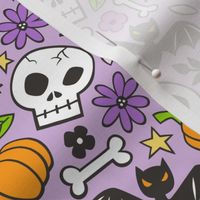 Skulls,Flowers,Pumpkins and Bats Halloween Fall Doodle on Light Purple