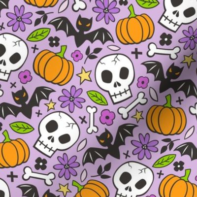 Skulls,Flowers,Pumpkins and Bats Halloween Fall Doodle on Light Purple