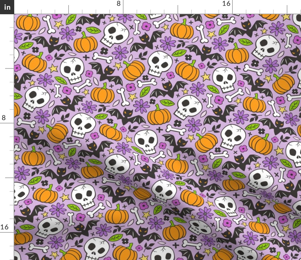 Skulls,Flowers,Pumpkins and Bats Halloween Fall Doodle on Light Purple