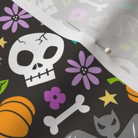 Skulls,Flowers,Pumpkins and Bats Halloween Fall Doodle on Black