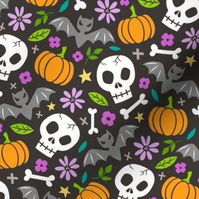 Skulls,Flowers,Pumpkins and Bats Halloween Fall Doodle on Black