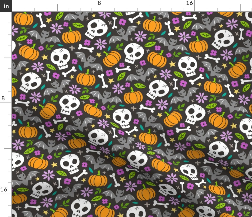 Skulls,Flowers,Pumpkins and Bats Halloween Fall Doodle on Black