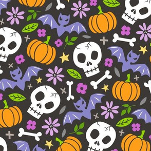 Skulls,Flowers,Pumpkins and Bats Halloween Fall Doodle Purple on Black