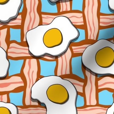 eggs and bacon on blue