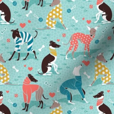 Small scale // Greyhounds dogwalk // aqua background