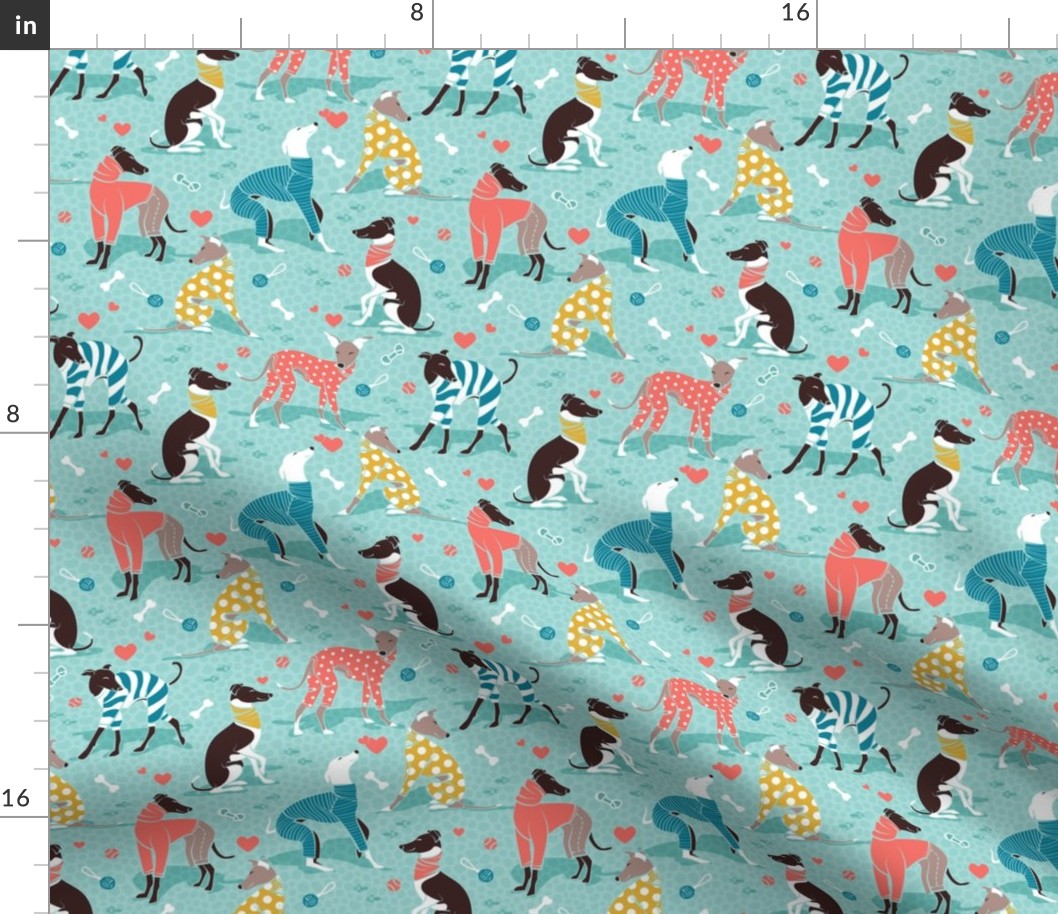 Small scale // Greyhounds dogwalk // aqua background