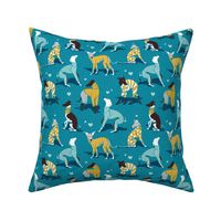 Small scale // In love greyhounds // turquoise background aqua and yellow dog pyjamas 