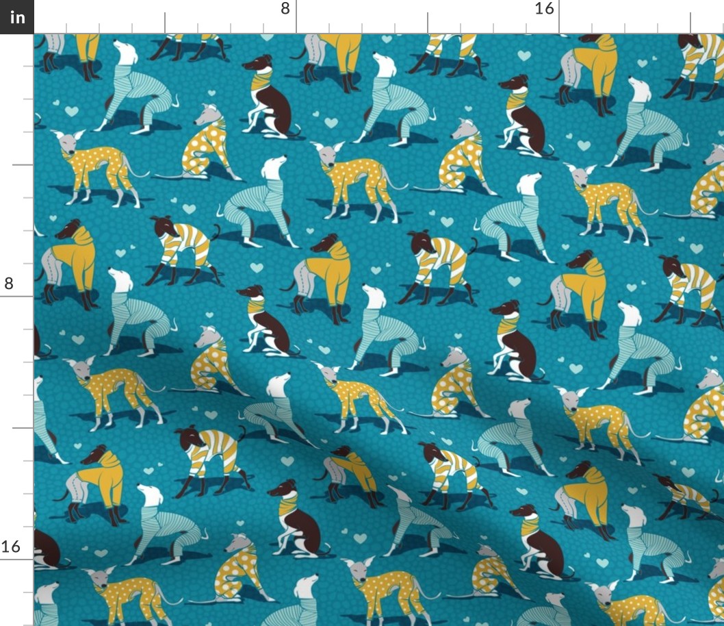 Small scale // In love greyhounds // turquoise background aqua and yellow dog pyjamas 