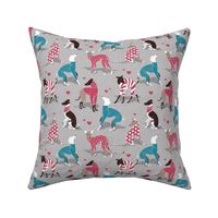 Small scale // In love greyhounds // grey background turquoise and red dog pyjamas 