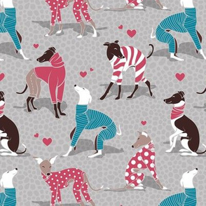 Small scale // In love greyhounds // grey background turquoise and red dog pyjamas 