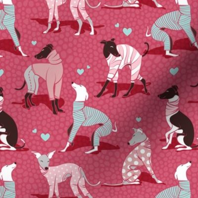 Small scale // In love greyhounds // red background pink dog pyjamas 