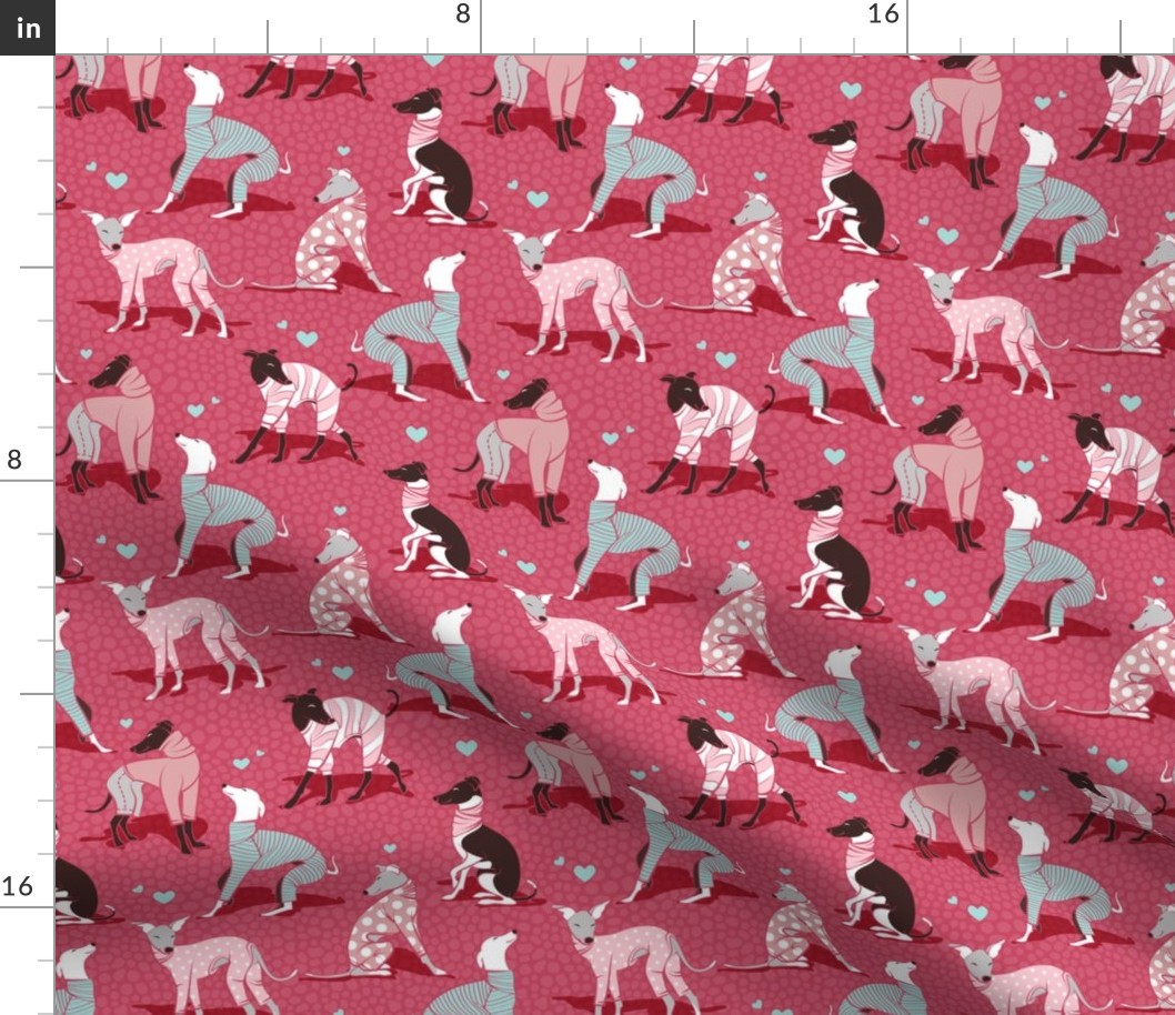 Small scale // In love greyhounds // red background pink dog pyjamas 