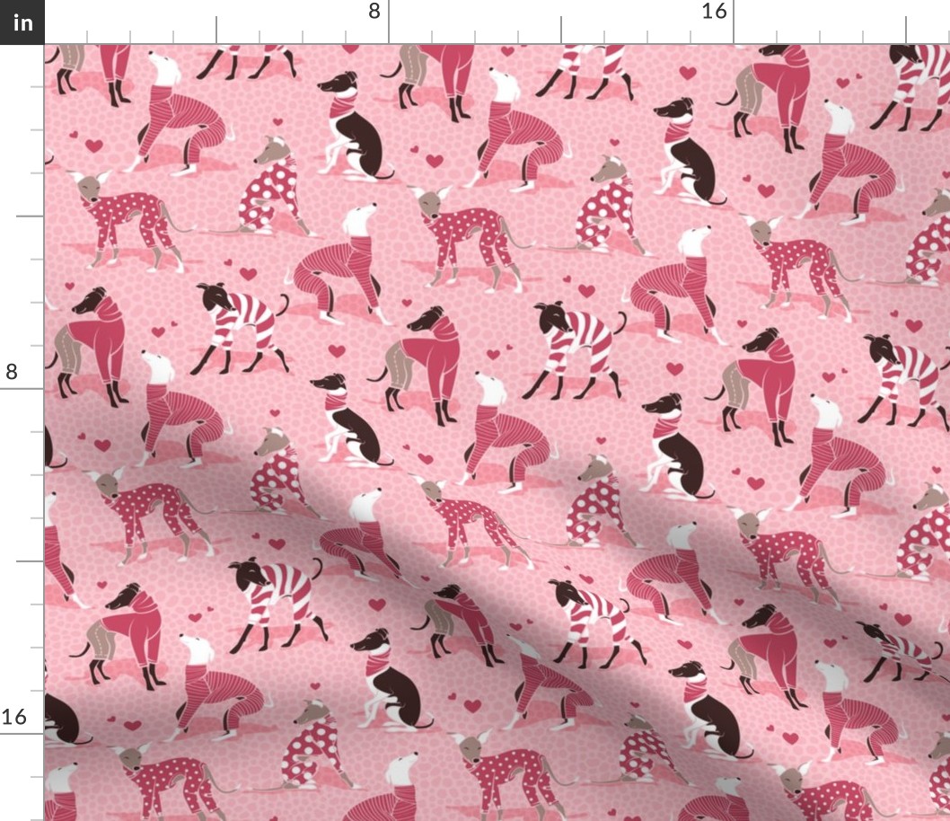 Small scale // In love greyhounds // pastel pink background red dog pyjamas 