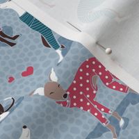 Small scale // In love greyhounds // pale blue background turquoise and red dog pyjamas 