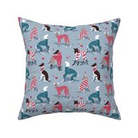 Small scale // In love greyhounds // pale blue background turquoise and red dog pyjamas 