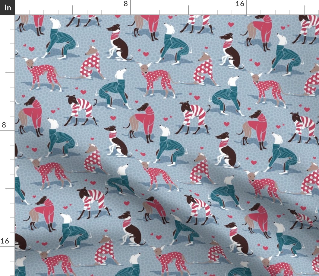 Small scale // In love greyhounds // pale blue background turquoise and red dog pyjamas 