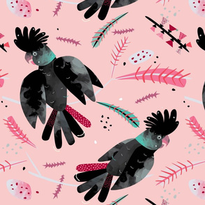 Red-tailed Black Cockatoo fabric pink by Mount Vic and Me