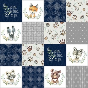 Woodland Animal Tracks Quilt Top – Navy + Grey Patchwork Cheater Quilt, Style A