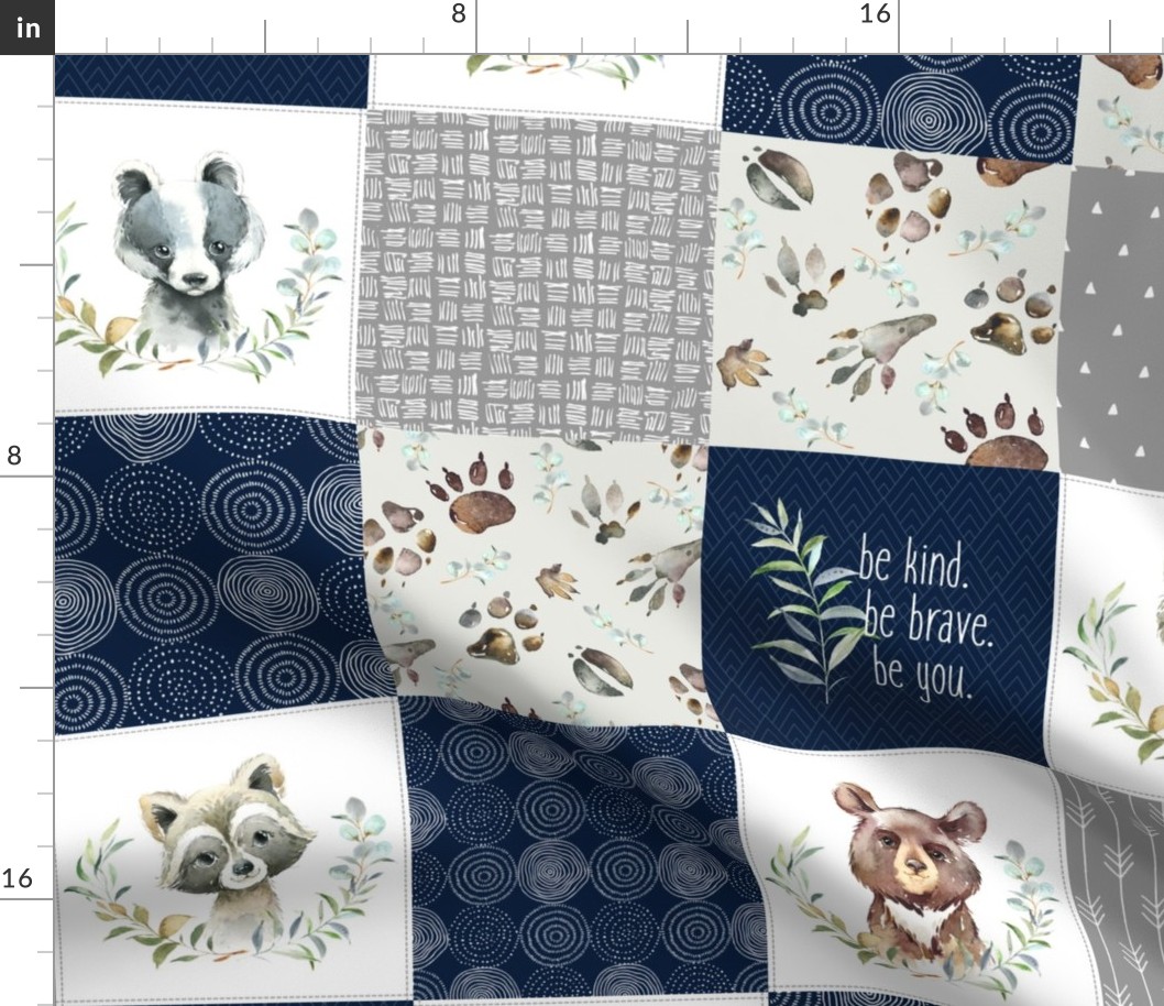 Woodland Animal Tracks Quilt Top – Navy + Grey Patchwork Cheater Quilt, Style A